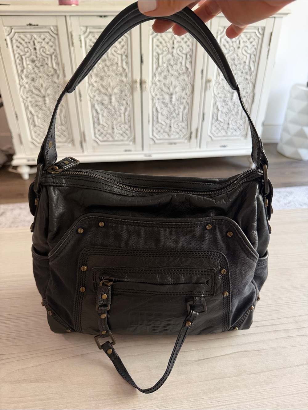 Diesel Black Leather Shoulder Satchel with Brass Studs - Picture 3 of 14